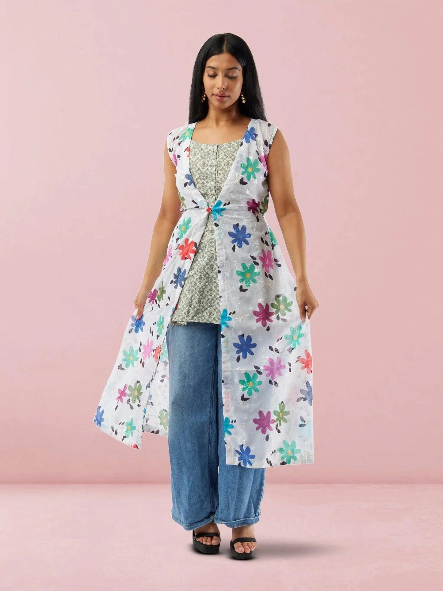 White Floral Print Chiffon Below Knee Length Overcoat | Indo Western Dress | Modern Indian Wear | indian outfits usa | Indo Western Outfits | indian clothing online usa