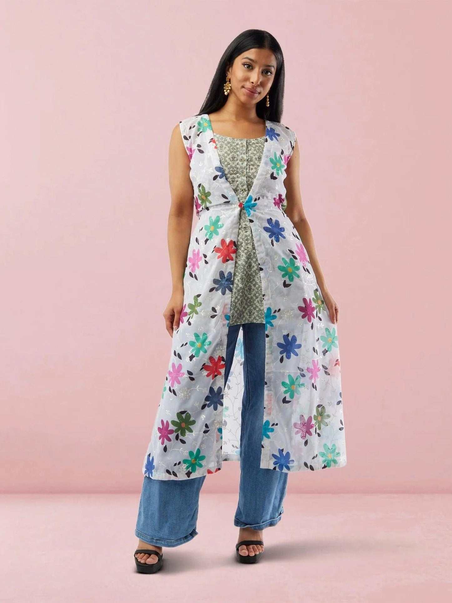 White Floral Print Chiffon Below Knee Length Overcoat | Indo Western Dress | Modern Indian Wear | indian outfits usa | Indo Western Outfits | indian clothing online usa