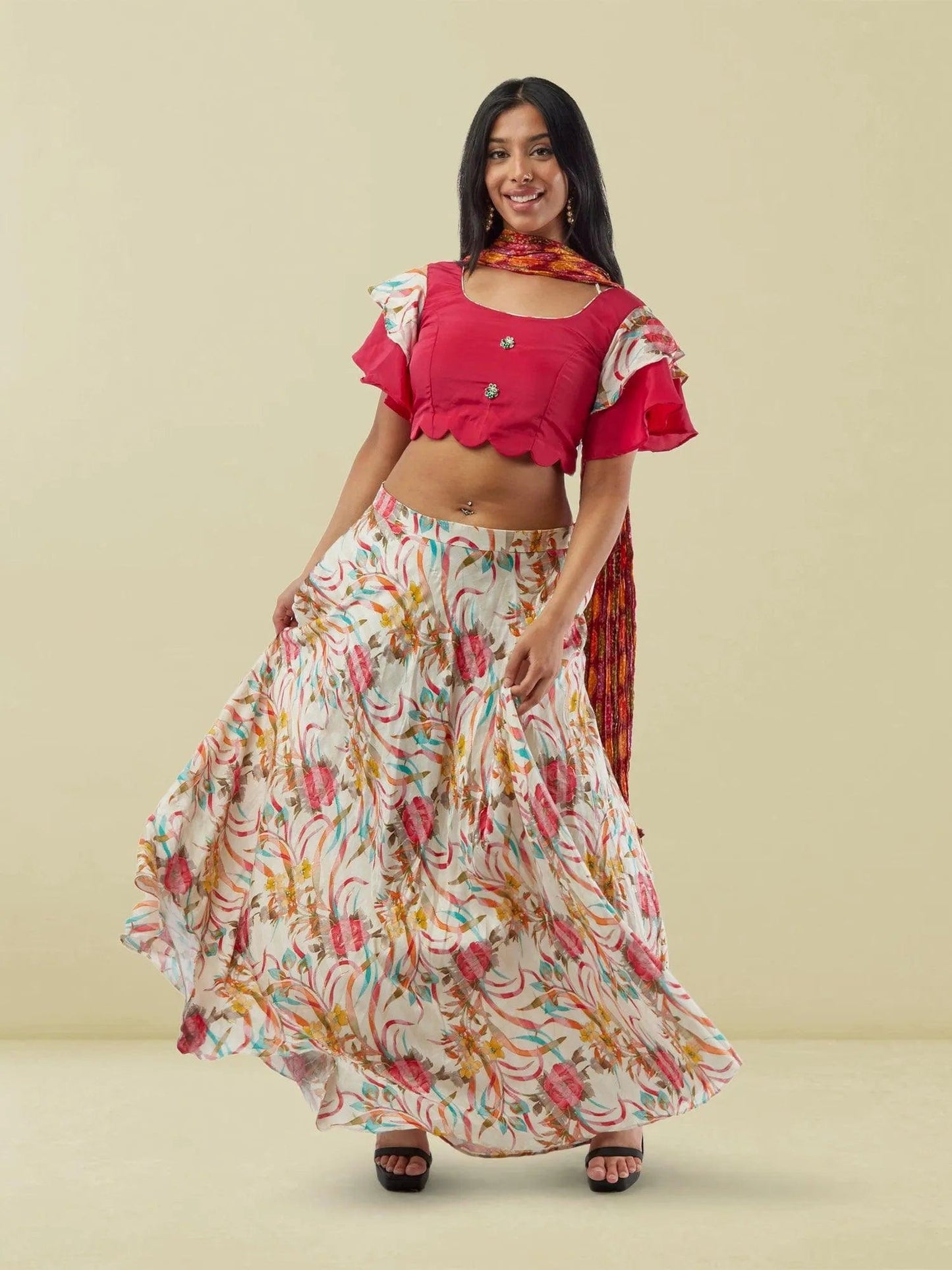 White and Red Printed Lehenga with Pink Ruffled Sleeves Crop Top |  Lehengas For Wedding | Indian Ethnic Wear | Indian Attire For Women