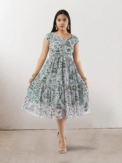 White & Grey Printed Chiffon Knee Length Dress | Indo Western Dress | Modern Indian Wear | Indo Western Outfits | indian wear usa | casual indian wear