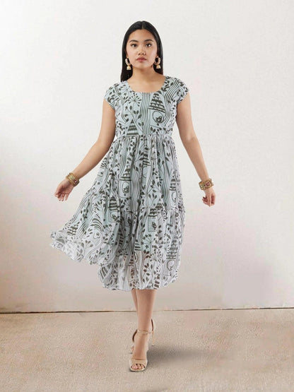 White & Grey Printed Chiffon Knee Length Dress | Indo Western Dress | Modern Indian Wear | Indo Western Outfits | indian wear usa | casual indian wear