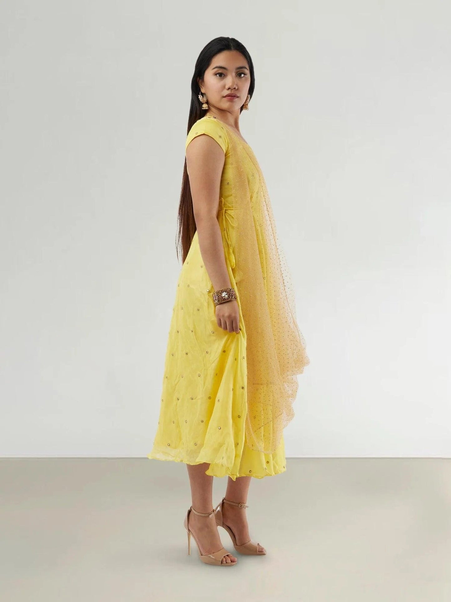 Yellow Banarasi Georgette Dress with Gold Net Duppatta | Indo Western Dress | Modern Indian Wear | festive indian wear | indian wear usa | Indo Western Outfits