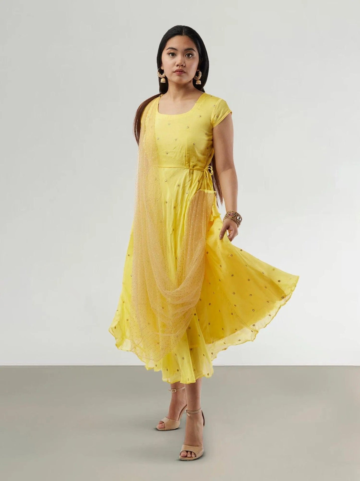 Yellow Banarasi Georgette Dress with Gold Net Duppatta | Indo Western Dress | Modern Indian Wear | festive indian wear | indian wear usa | Indo Western Outfits