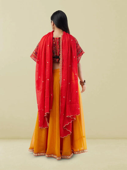 Yellow Chiffon Lehenga with Red Printed Crop Top | Lehenga Dress |  Lehengas For Wedding | Indian Ethnic Wear | Indian Attire For Women