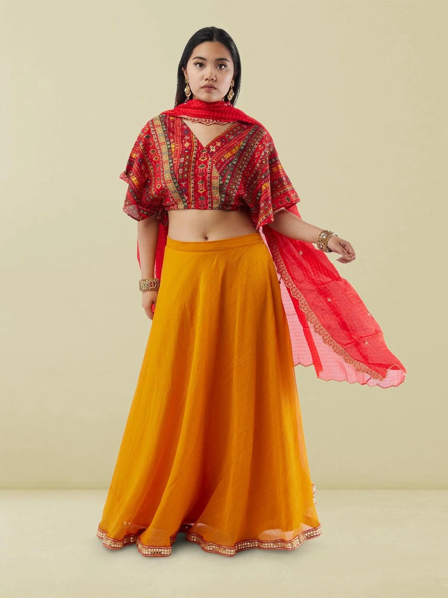 Yellow Chiffon Lehenga with Red Printed Crop Top | Lehenga Dress |  Lehengas For Wedding | Indian Ethnic Wear | Indian Attire For Women