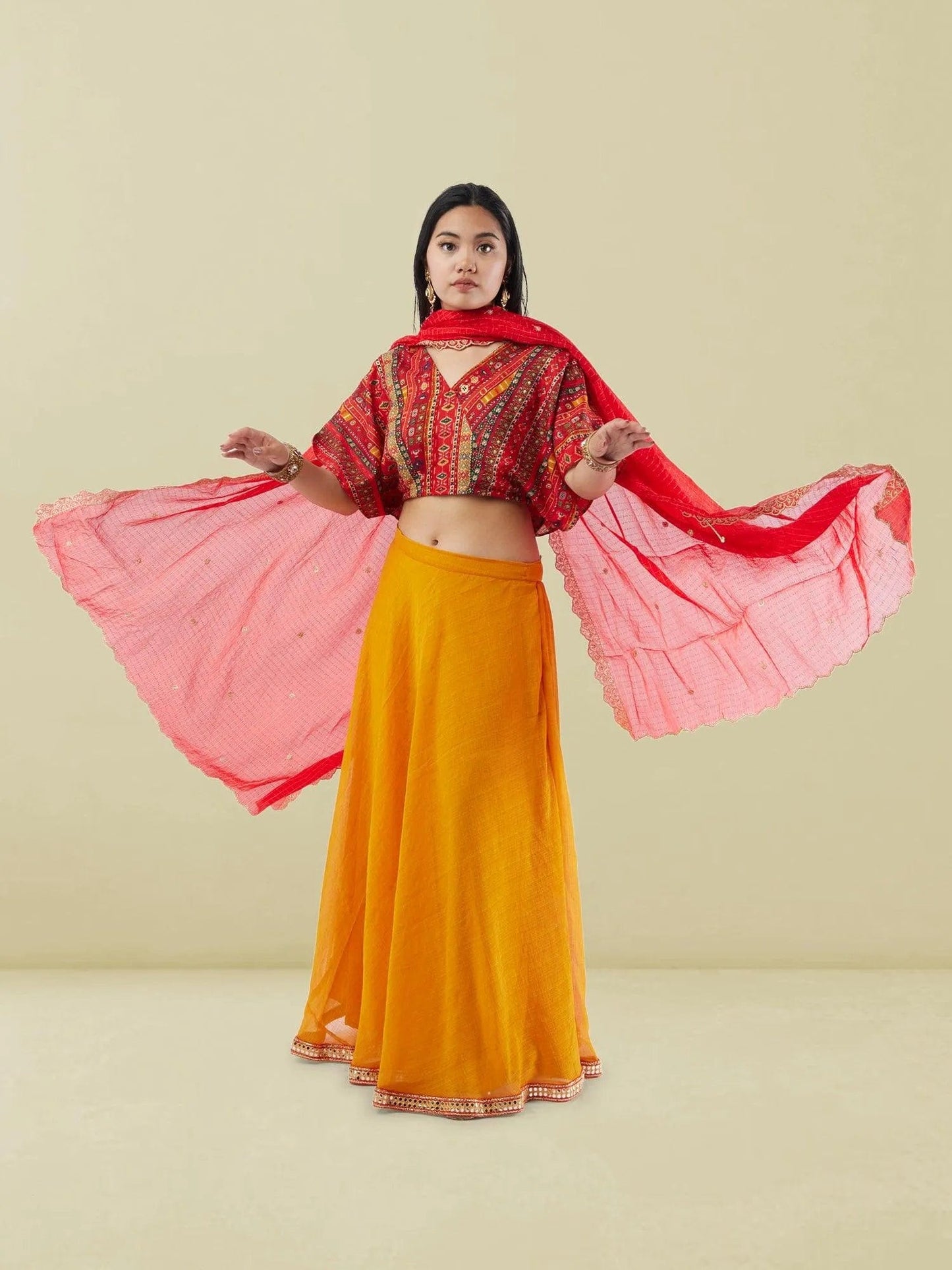 Yellow Chiffon Lehenga with Red Printed Crop Top | Lehenga Dress |  Lehengas For Wedding | Indian Ethnic Wear | Indian Attire For Women