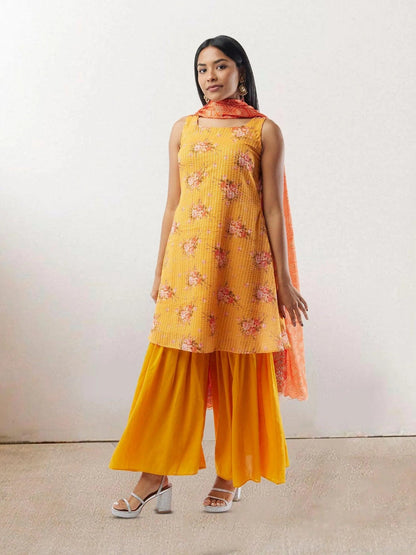 Yellow Floral Print Crushed Sharara Suit | Salwar Kameez | Indian Ethnic Wear | Salwar Kameez Online | kameez-salwar-suit