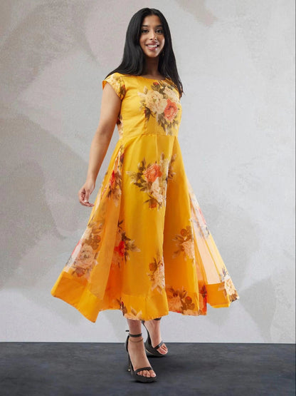 Yellow Floral Print Organza Below Knee Length Dress | Indo Western Dress | Modern Indian Wear | Indo Western Outfits | indian wear usa | casual indian wear