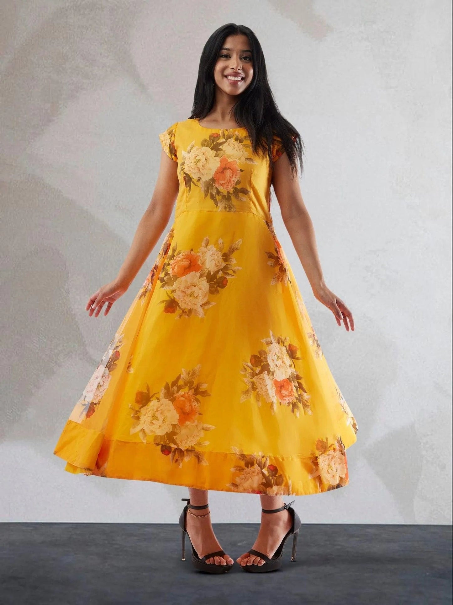 Yellow Floral Print Organza Below Knee Length Dress | Indo Western Dress | Modern Indian Wear | Indo Western Outfits | indian wear usa | casual indian wear