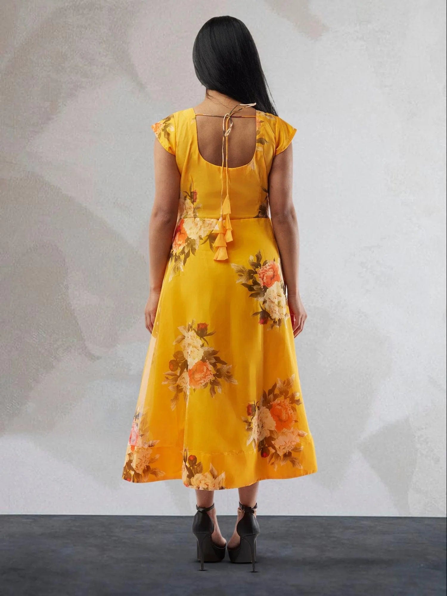 Yellow Floral Print Organza Below Knee Length Dress | Indo Western Dress | Modern Indian Wear | Indo Western Outfits | indian wear usa | casual indian wear