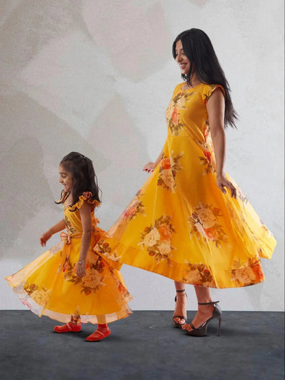 Yellow Floral Print Organza Below Knee Length Dress | Indo Western Dress | Modern Indian Wear | Indo Western Outfits | indian wear usa | casual indian wear