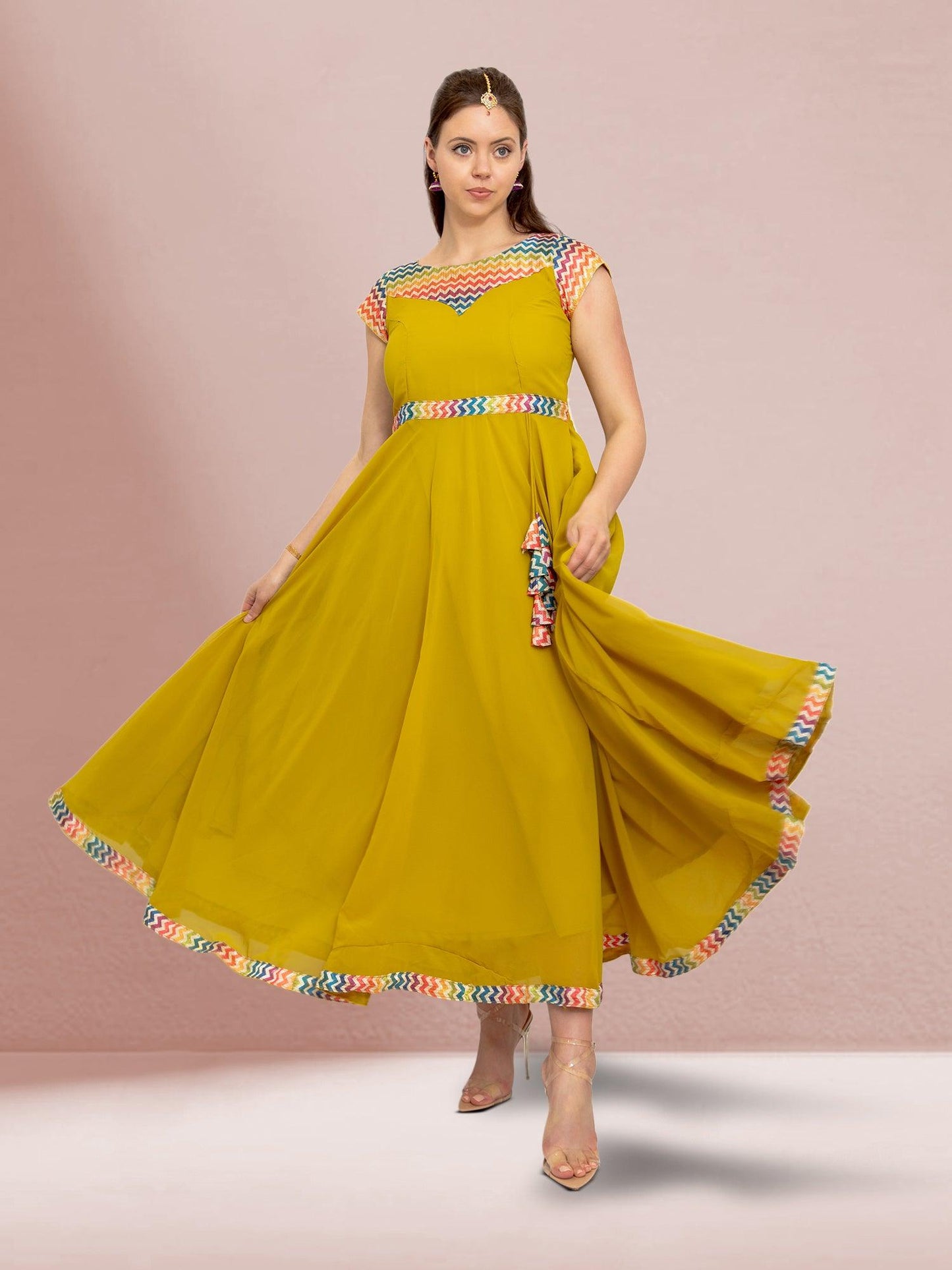 Yellow Fusion Flare Dress | festive indian wear | indian wear usa | indian dresses for women party wear | Indian Ethnic Wear | Indian Attire For Women | indian dress in usa online | Indian Dresses From India 