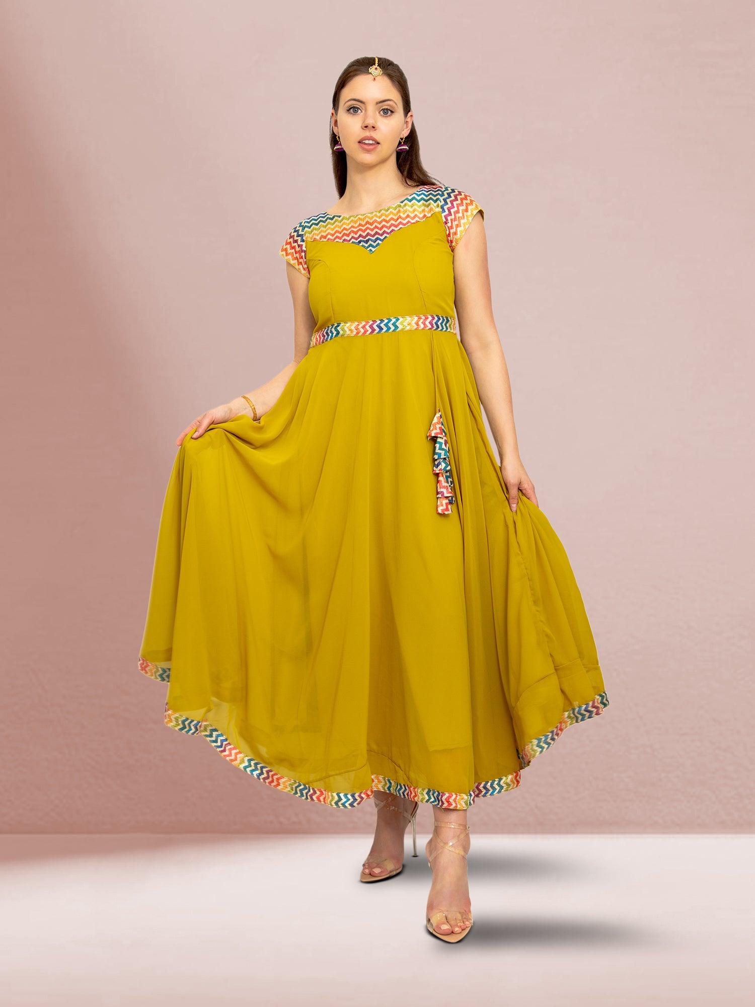 Yellow Fusion Flare Dress | festive indian wear | indian wear usa | indian dresses for women party wear | Indian Ethnic Wear | Indian Attire For Women | indian dress in usa online | Indian Dresses From India 