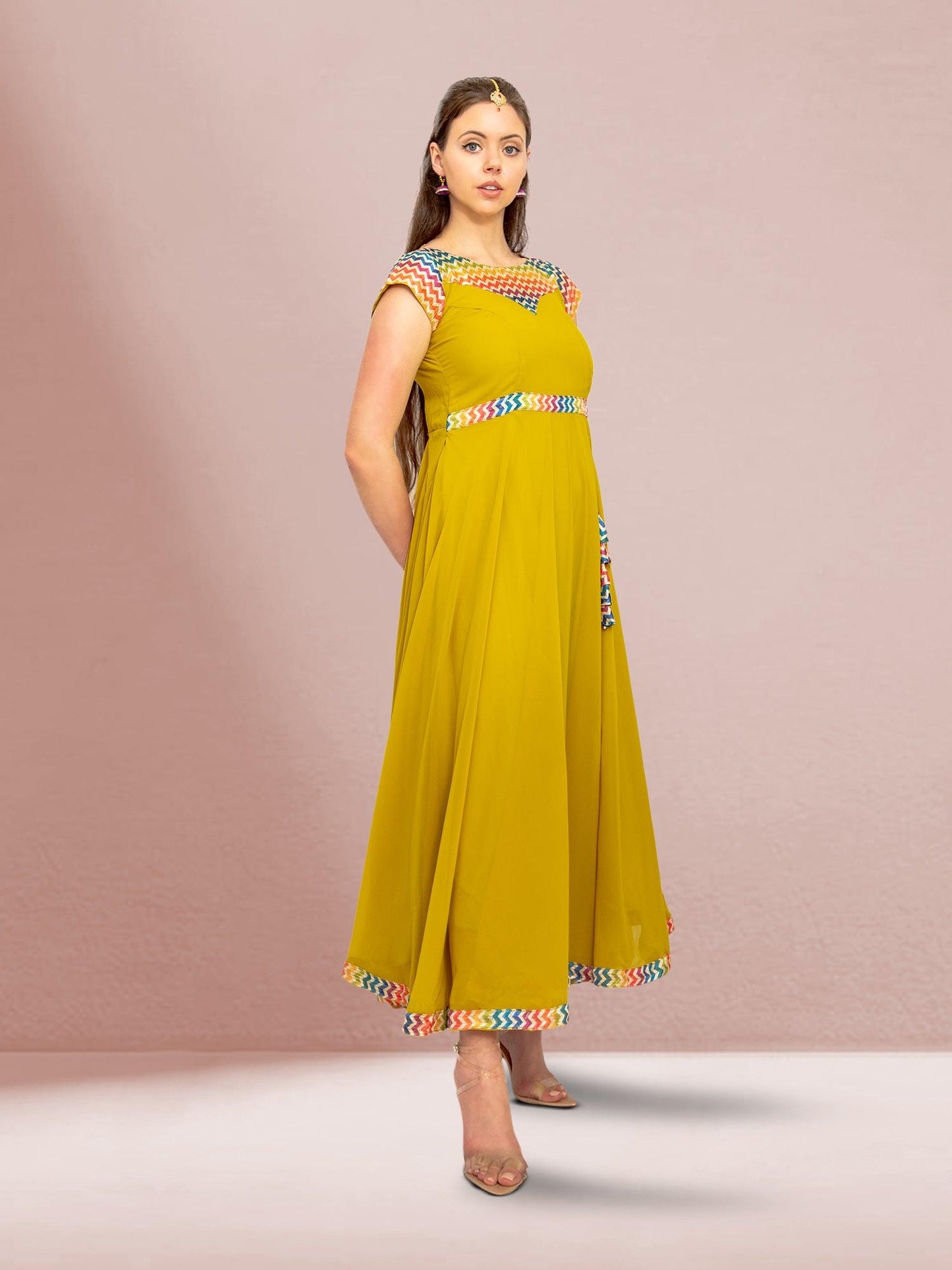 Yellow Fusion Flare Dress | festive indian wear | indian wear usa | indian dresses for women party wear | Indian Ethnic Wear | Indian Attire For Women | indian dress in usa online | Indian Dresses From India 