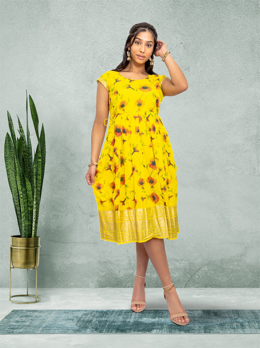 Yellow Silk Knee Length Dress - Festive Fusion  | festive indian wear | indian wear usa | indian wear usa  | indian clothing online usa | indian dress in usa online | Indian Dresses From India 