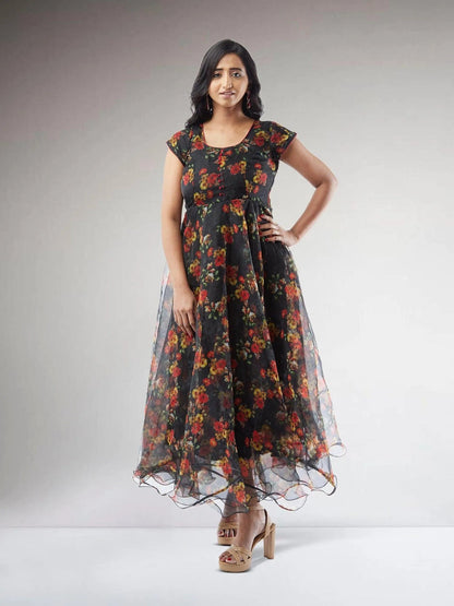 Black Organza Printed Anarkali Dress | Muvvas Boutique Black Organza Printed Anarkali Dress | Muvvas Boutique