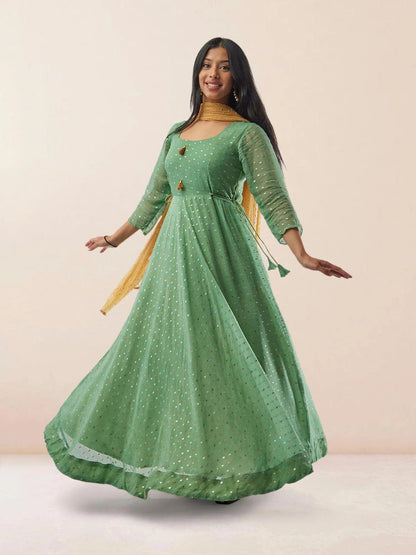 Sea Green Banarasi Anarkali Dress | Muvvas Boutique Sea Green Banarasi Anarkali Dress | Muvvas Boutique