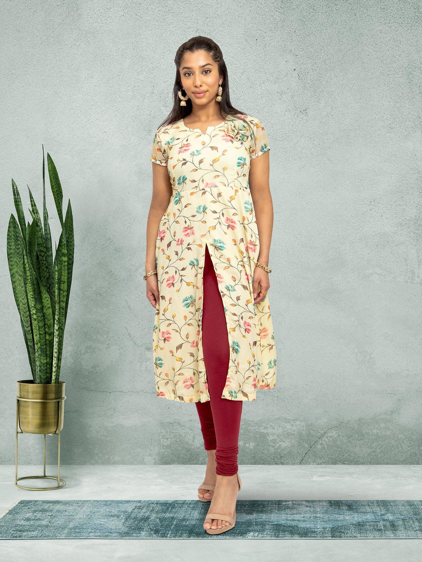 Light Ivory Color Printed Kurta | Indian Kurtis for Women | Indian Ethnic Wear | Chiffon | Ivory Color Dresses  | Indian Kurtas for Women | Indian Attire For Women