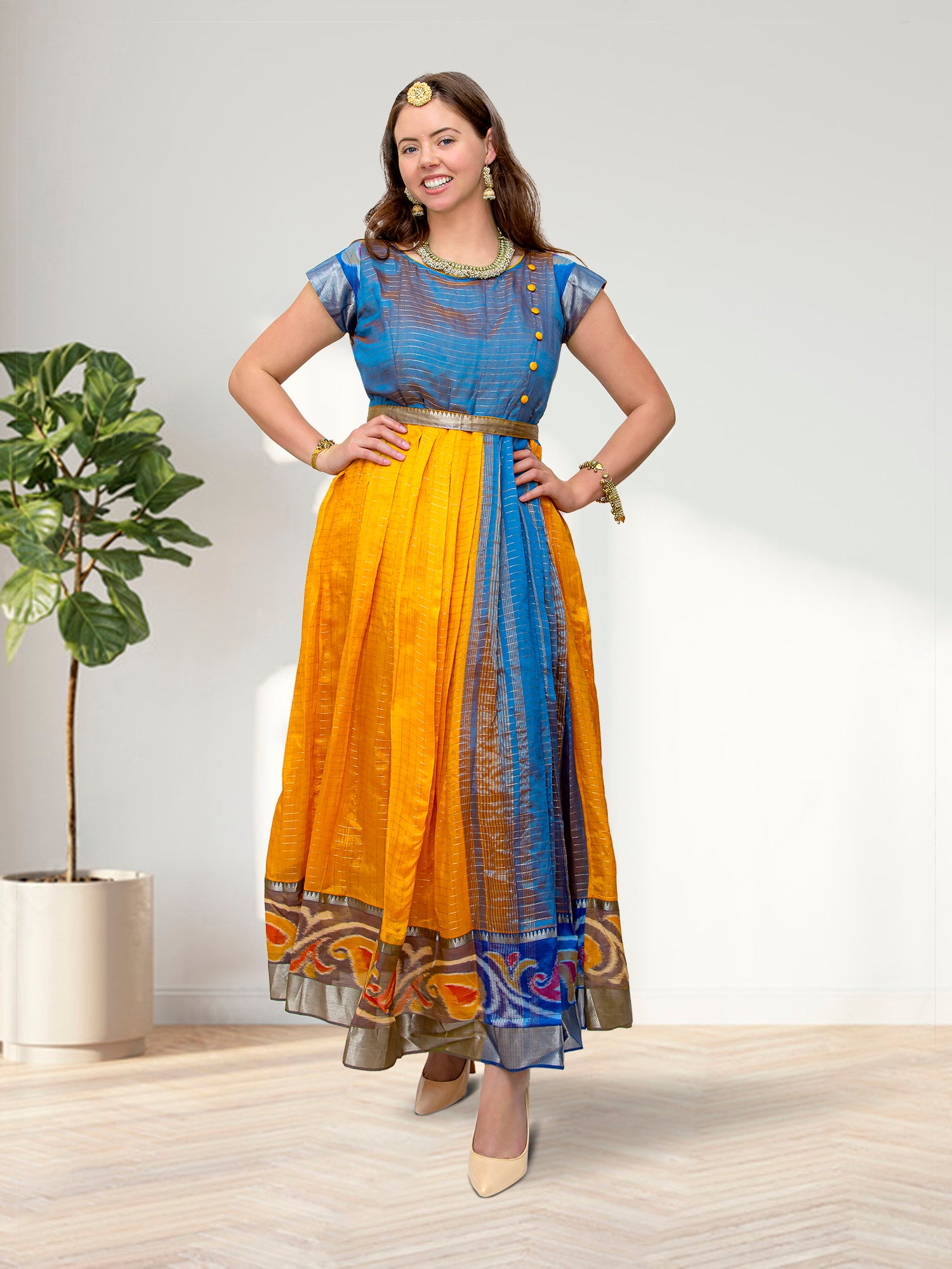 Anarkali Dress - Yellow and Blue Silk with Gold Border  | Indian Ethnic Wear | Anarkali Suit | Indian Anarkalis | Indian Dresses From India