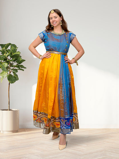 Yellow and Blue Silk Anarkali Dress | Muvvas Boutique Yellow and Blue Silk Anarkali Dress | Muvvas Boutique