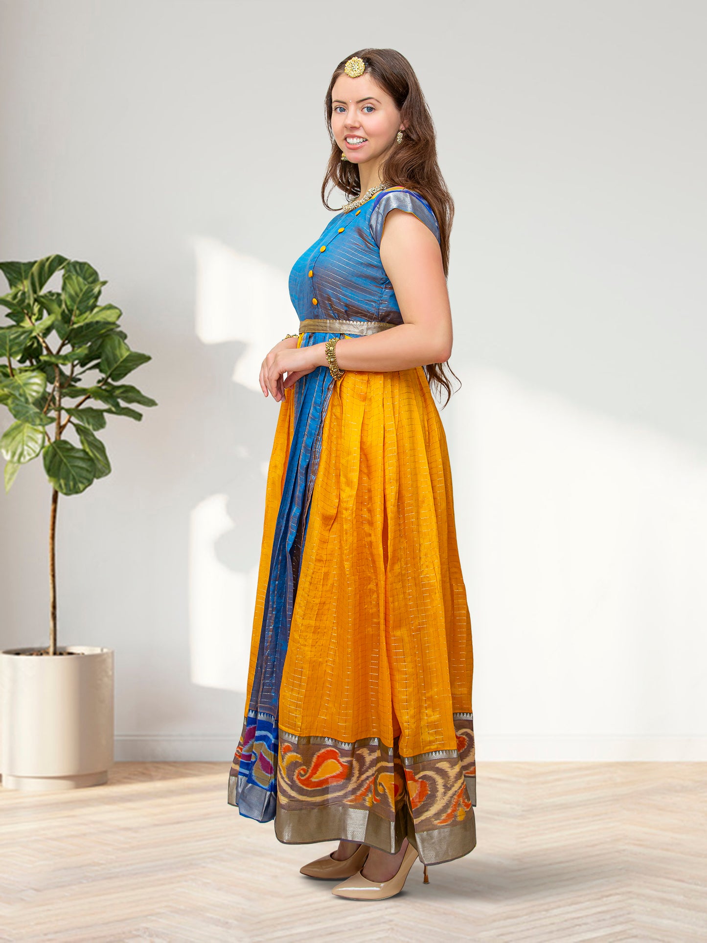 Anarkali Dress - Yellow and Blue Silk with Gold Border  | Indian Ethnic Wear | Anarkali Suit | Indian Anarkalis | Indian Dresses From India