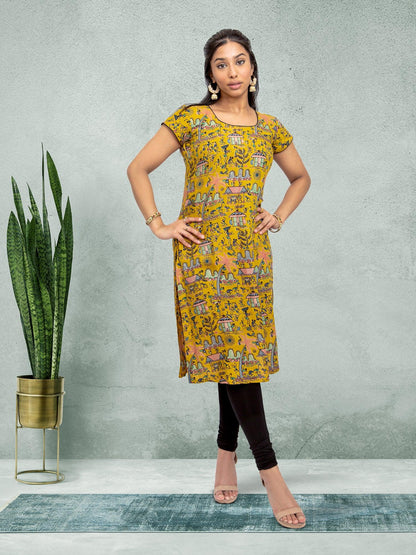 Yellow Printed Chikankari Kurta | Indian Kurtis for Women | Indian Ethnic Wear | Kalankari Silk | Indian Kurtas for Women | Tunics From India | Indian Attire For Women