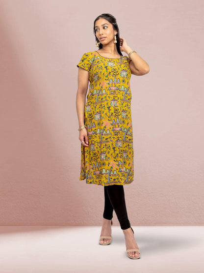 Yellow Printed Chikankari Kurta | Indian Kurtis for Women | Indian Ethnic Wear | Kalankari Silk | Indian Kurtas for Women | Tunics From India | Indian Attire For Women